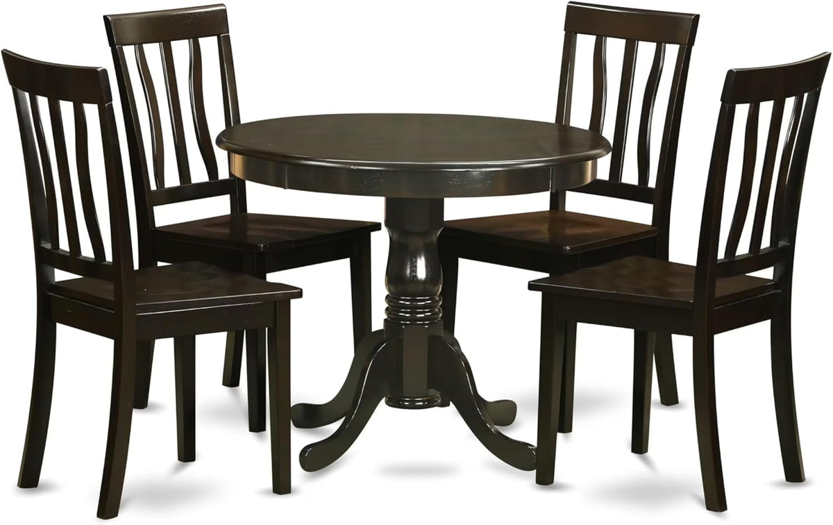 East West Furniture ANTI5-CAP-W 5 Piece Dinette Set for 4 Includes a Round Kitchen Table with Pedestal and 4 Dining Chairs, 36x36 Inch, Cappuccino