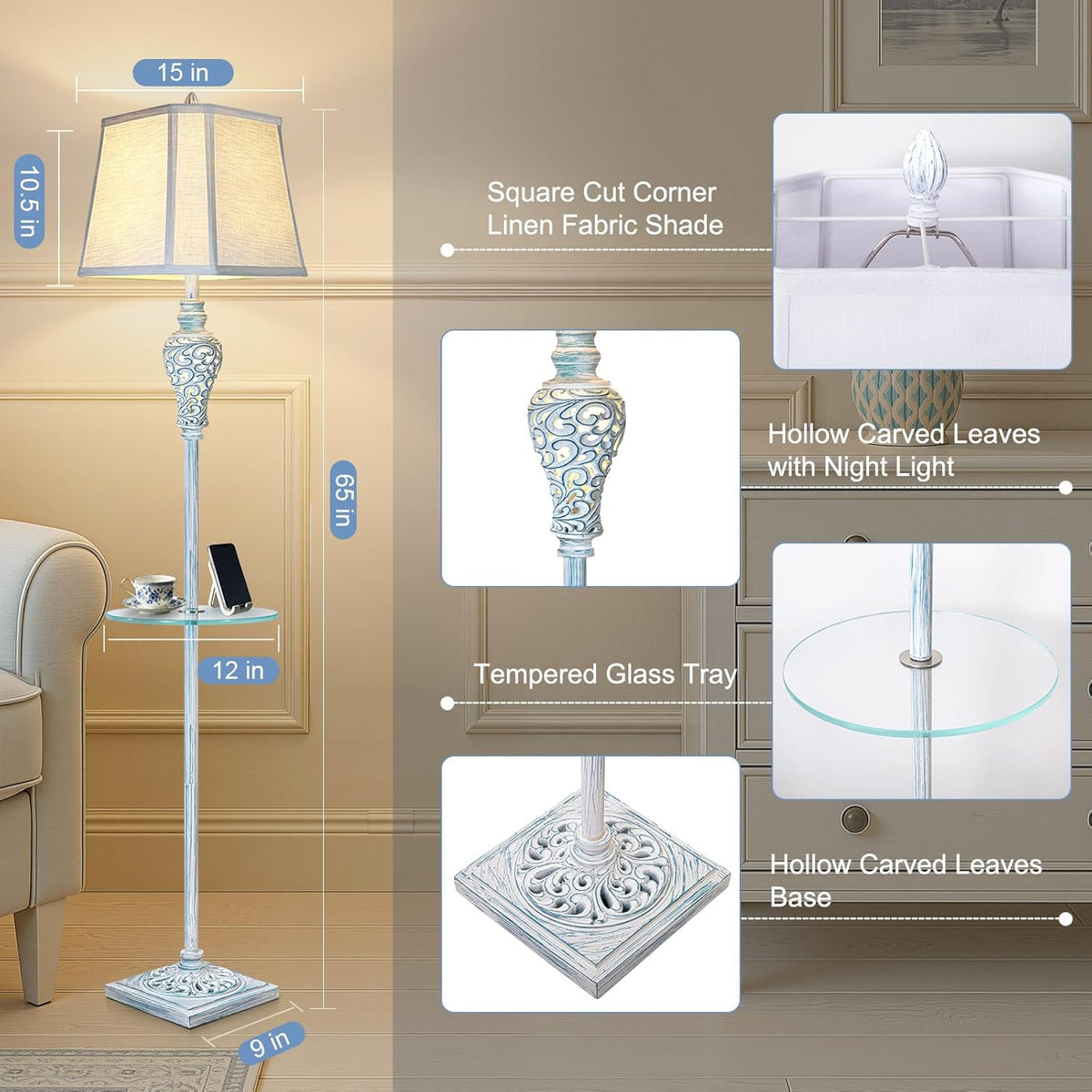 Vintage Floor Lamp with Night Light and Glass Tray, 65" High Retro Standing Lamp with Washed Blue Finish and White Linen Shade, Farmhouse Tall Lamp Decor for Living Room Bedroom House (Bulb Included)