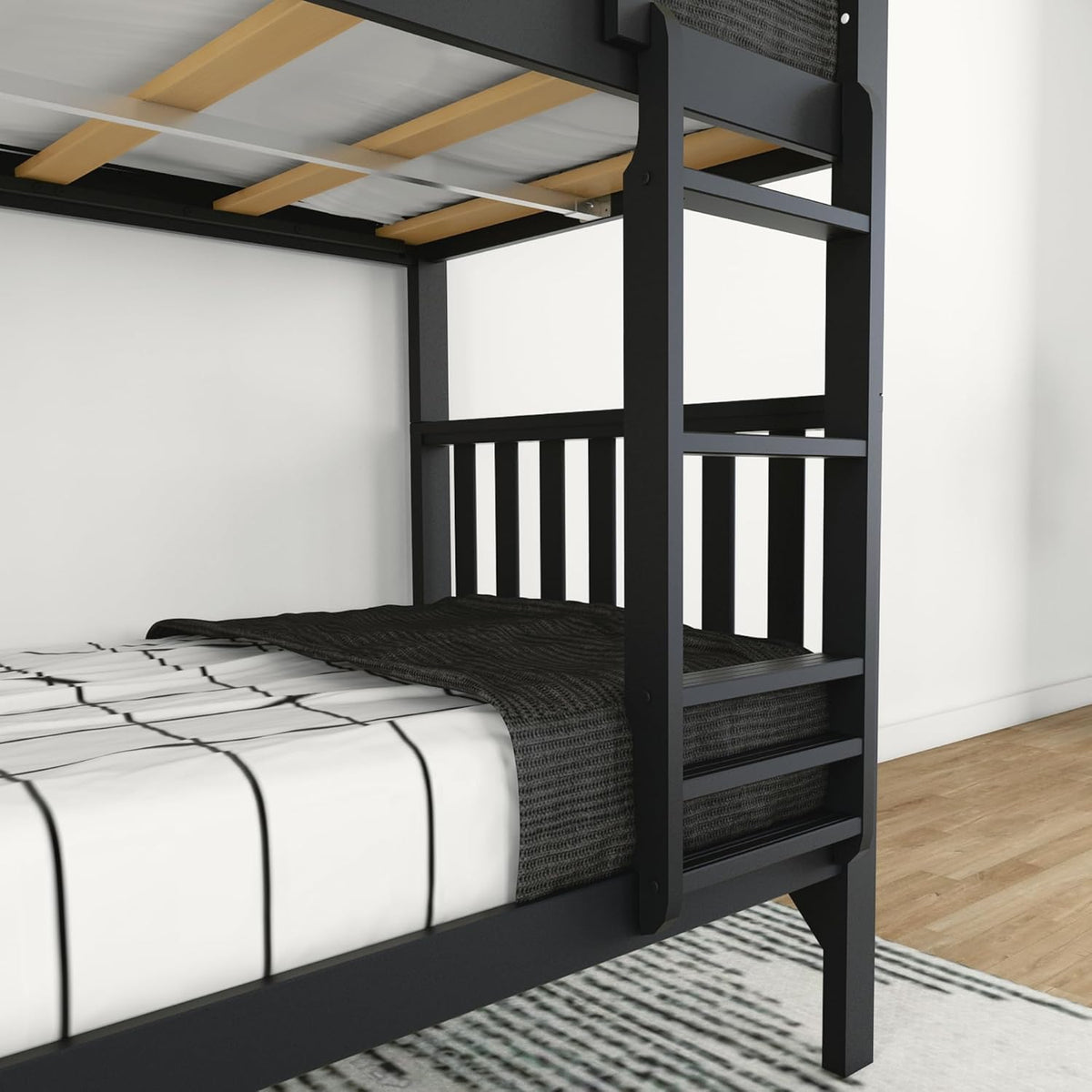 Max & Lily Bunk Bed, Scandinavian Modern Bunk Bed, Solid Wood Twin-Over-Twin Bed Frame for Kids, No Box Spring Needed, Black