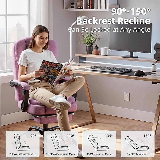 Ergonomic Gaming Chair with Footrest, Office Desk Chair Reclining 90°-150°, Comfortable Computer Chair with Adjustable Height & Armrests, Gamer Chair Silla Gamer for Adults Home Office, Pink