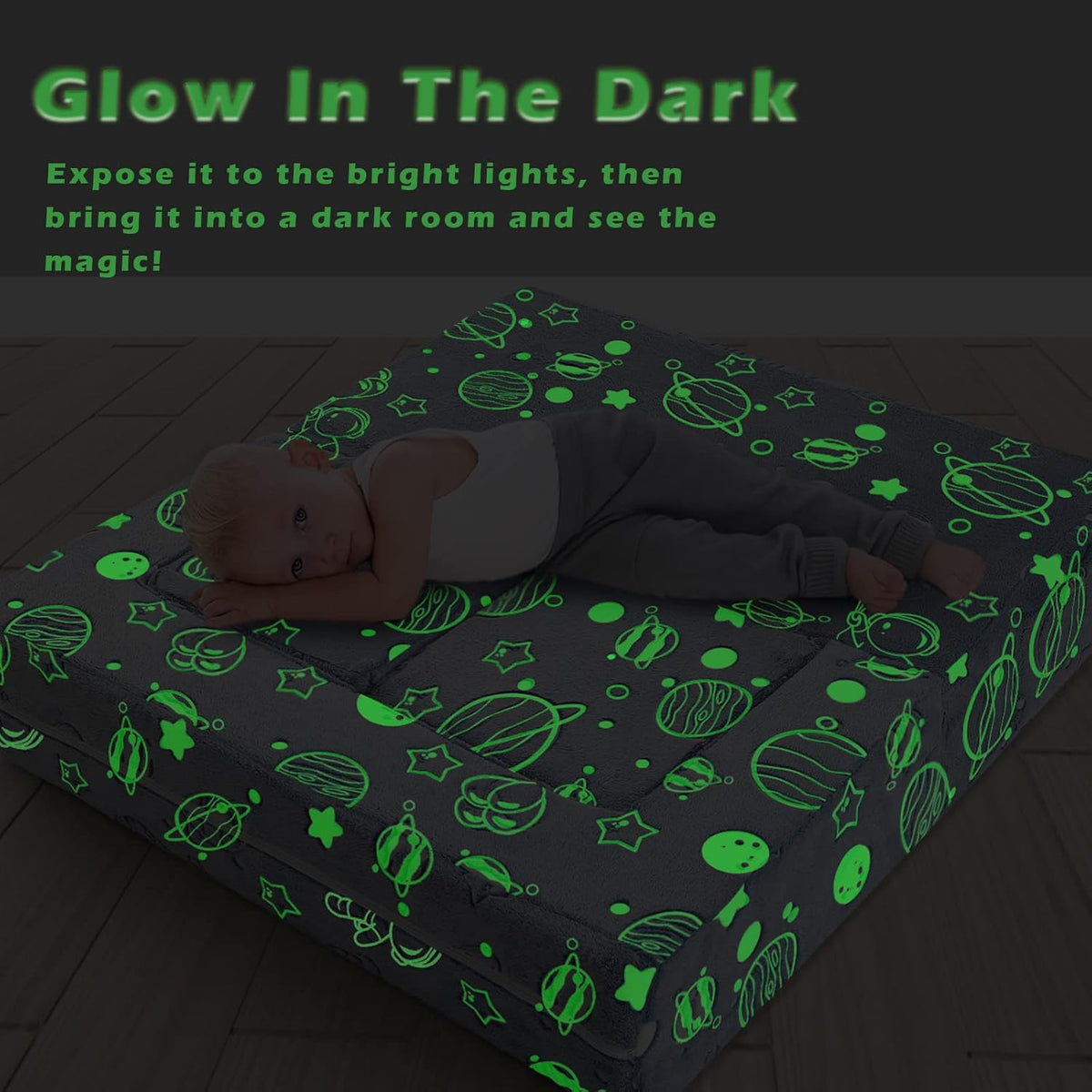 MeMoreCool Glow in The Dark Space Kids Modular Play Couch, Blue Fold-Out Foam Lounge Chair Sofa for Girls and Boys, Bedroom and Playroom