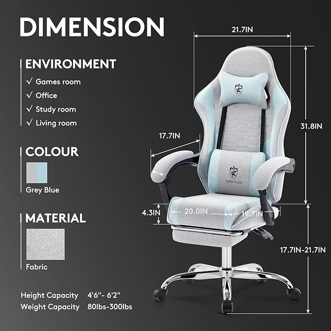 Gaming Chair Breathable Fabric,Computer Office Chair with Footrest,Massage Lumbar Support and Gel Pad,Ergonomic Reclining Adjustable Gamer Chair with Headrest and Spring Cushion Grey Blue