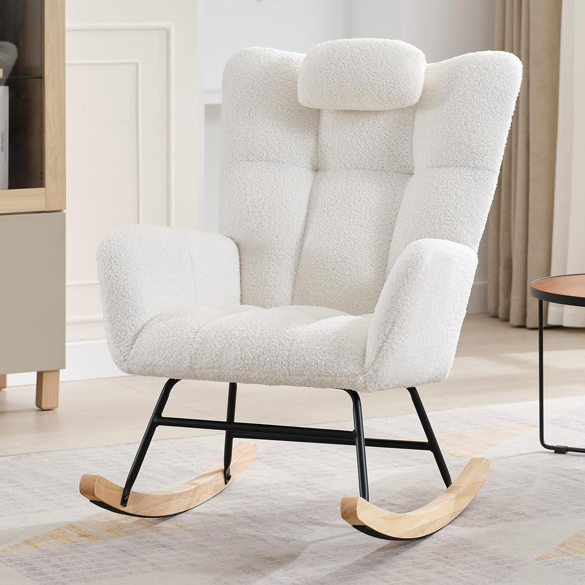 Nursery Rocking Chair,300Lb Glider Chair with Wood Legs/Two Side Pockets,Teddy Upholstered Glider Rocker with Padded Seat High Backrest for Living Room/Bedroom/Nursery