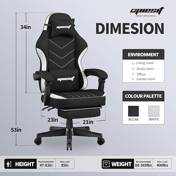 Gaming Chair,Fabric Computer Chair with Pocket Spring Cushion,400 lb Load Capacity,Ergonomic Office Chair with Footrest,Height Adjustable Video Gamer Chair with Lumbar Support (Black)