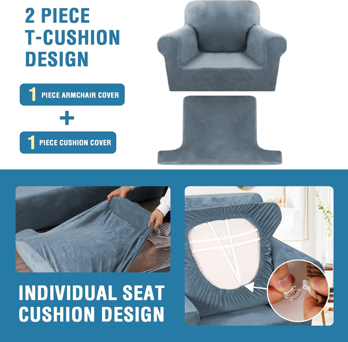 H.VERSAILTEX Sofa Cover 2 Piece T Cushion Armchair Slipcovers Thick Velvet Couch Cover Furniture Protector Stretch T Cushion Sofa Covers for 1 Cushion Couch with 1 T Cushion Covers, Stone Blue