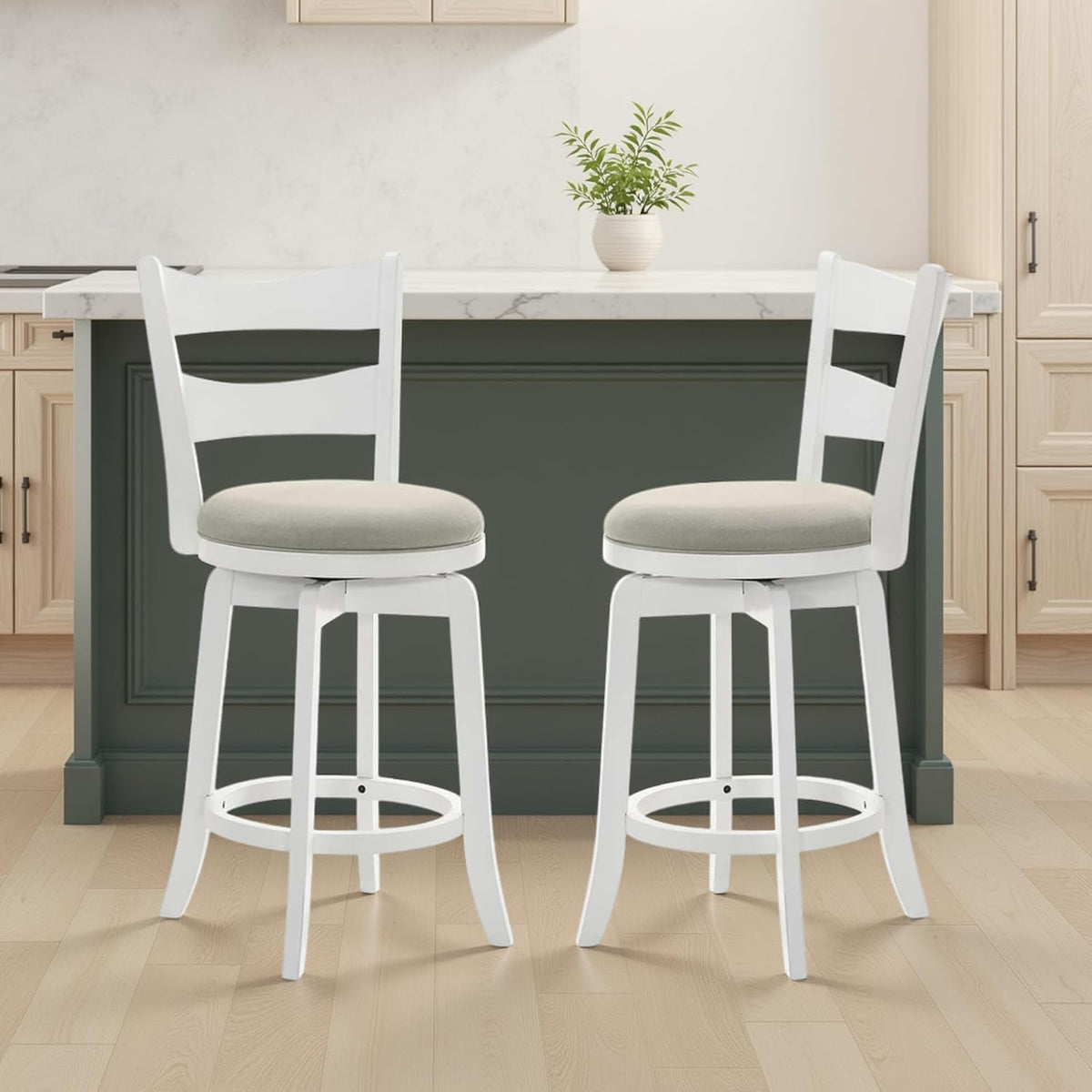 Armen Living Blair 26 in. Matte White Counter Height Rubberwood Swivel Barstool with Fog Fabric Seat - Set of 2
