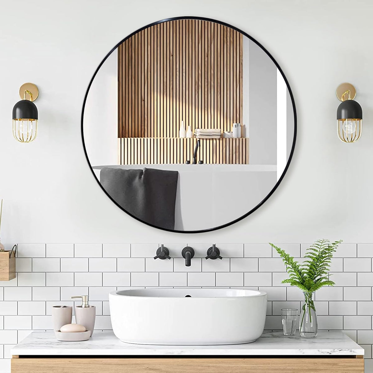 24 inch Round Black Mirror,Brushed Metal Framed Wall Mirror for Bathroom Vanity, Bedroom Decor, Living Room, Entryway