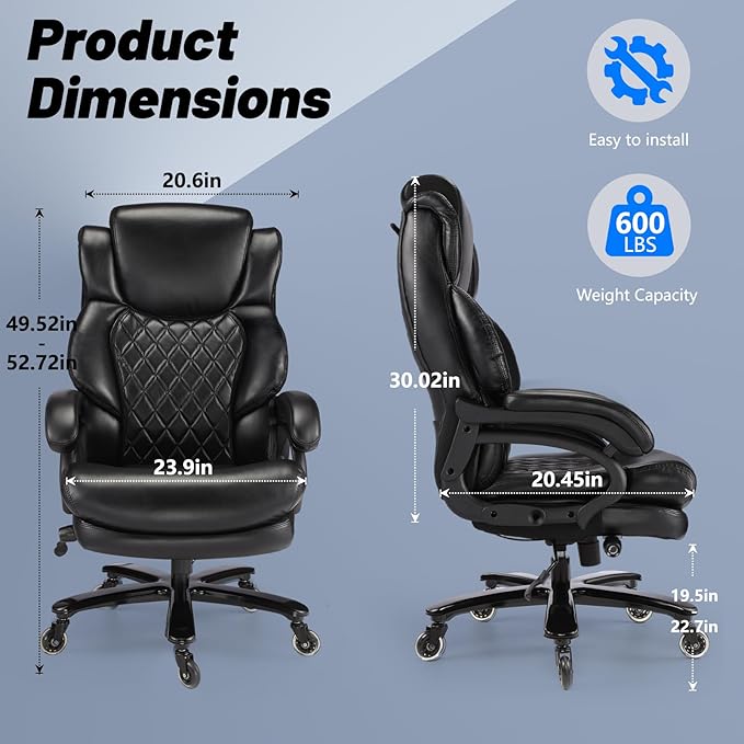 600lbs Big and Tall Office Chair, Executive Chair with Adjustable Headrest, High Back Extra Wide Seat, Heavy Duty PU Leather for Home Office, Comfortable Large Computer Desk Chair