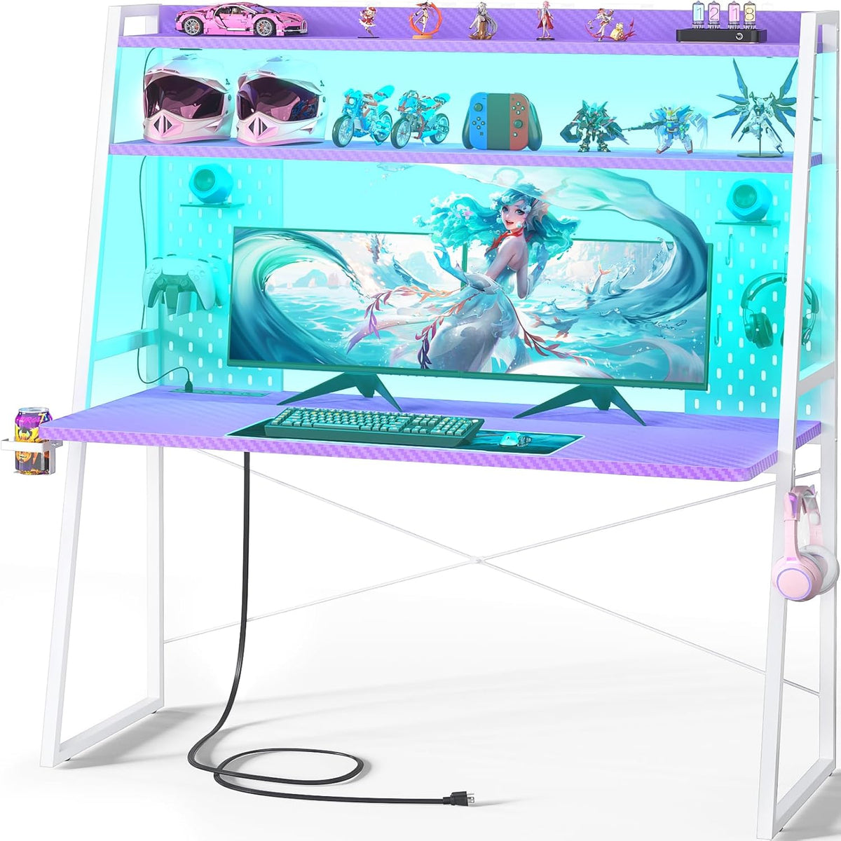 Gaming Desk with Hutch and LED Lights, Gaming Computer Desk with Power Outlets, Gamer Desk with Storage Shelves, PC Gamings Desk with Pegboards for Bedroom, Carbon Fiber Purple, 49"