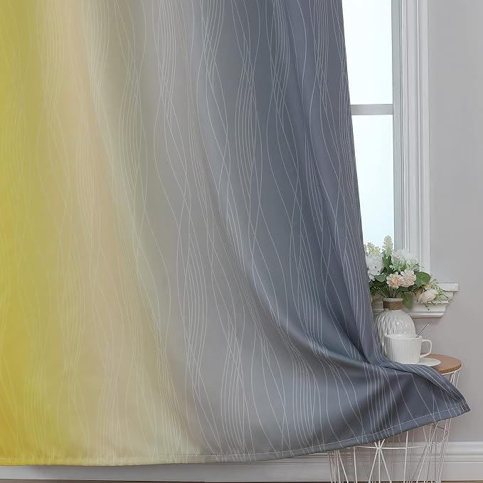 Estelar Textiler Grey and Yellow Ombre Short Blackout Curtains 36 Inch Long