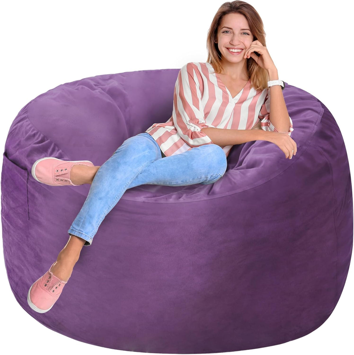 Homguava 3FT Bean Bag Chair: 3' Bean Bags with Memory Foam Filled, Large Beanbag Chairs Soft Sofa with Dutch Velvet Cover-Purple