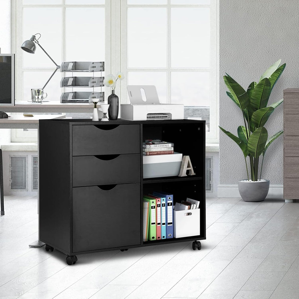 QDSSDECO 3-Drawer with Shelf Wood File Cabinet Mobile Lateral Filing Cabinet, with Rolling Wheel Printer Stand and Open Adjustable Storage Shelves, for Home Office, Black