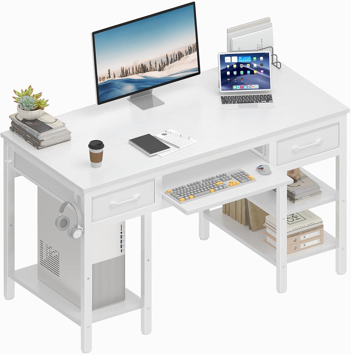 Lufeiya White Desk with Keyboard Tray Slide Out, 47 Inch Home Office Computer Desks with Fabric Drawers & Storage Shelves, Modern Simple Study Writing Table PC Desks for Bedroom, White