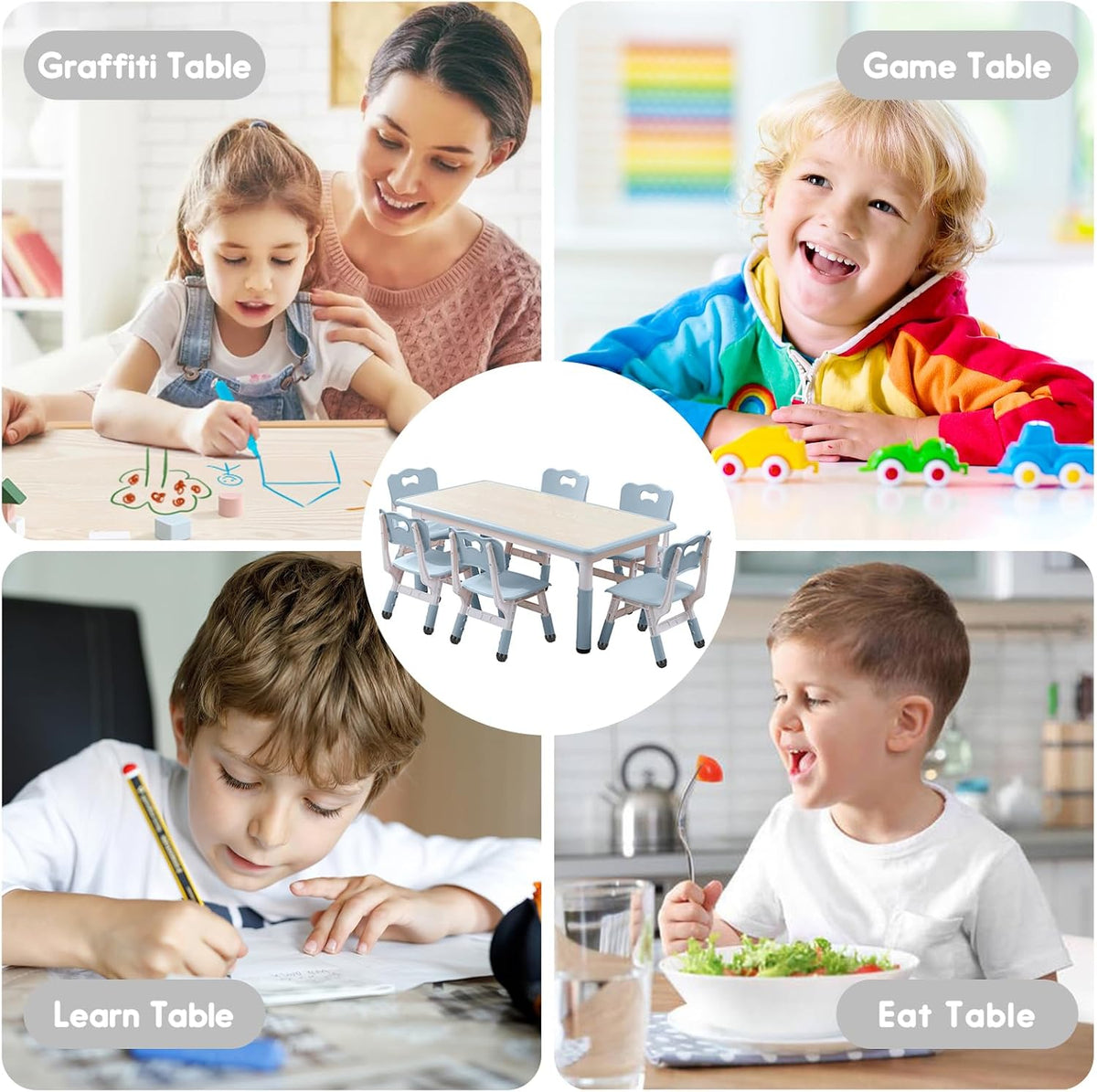 Kids Table and Chairs Set, Height Adjustable Desk With 6 Seats for Ages 3-12,Arts & Crafts Table,Graffiti Desktop, Non-Slip Legs, Max 300lbs, Children Multi-Activity Table for Classrooms,Daycares,Home