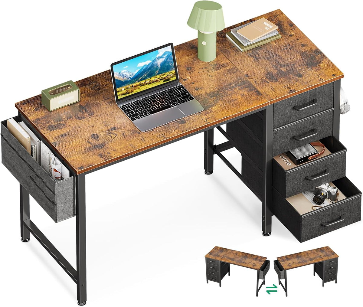 Casaottima 40-Inch Small Desk with 4 Fabric Drawers, Compact Study Desk for Students and Kids, Space-Saving Work Table for Bedroom or Small Spaces, Vintage