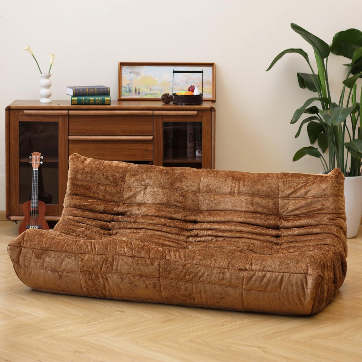 N&V Fireside Chair, Mid Century Armless Floor Sofa, Soft Premium Chenille Floor Lounge Chair, Foam Sofa Accent Chair for Living Room Bedroom and Office (Brown, Three Seater)