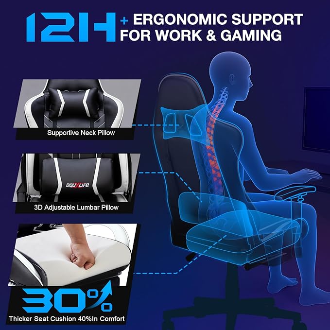 Douxlife 7-Point Massage Gaming Chair, 175° Gaming Recliner with Footrest Ergonomic Computer Office Chair High Back Video Game Chair with Lumbar Support, Upgraded Version Black and White