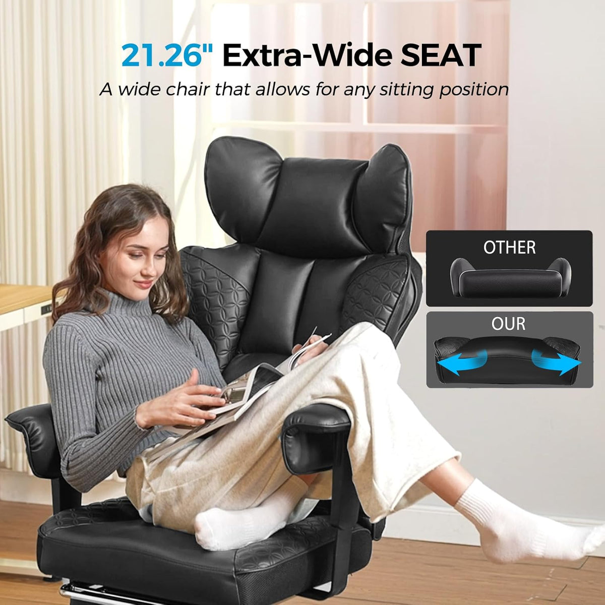 COMHOMA Big and Tall Office Chair 400LBS Wide Ergonomic Gaming Chair with Deluxe Embossing Designed Leather with Foot Rest,150°Reclining Adjustable Armrests Pocket Spring Back Support and Pillow