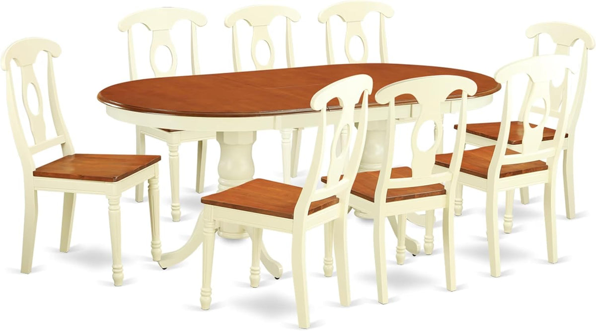 East West Furniture PLKE9-WHI-W 9 Piece Dining Table Set Includes an Oval Dinner Table with Butterfly Leaf and 8 Dining Room Chairs, 42x78 Inch, Buttermilk & Cherry