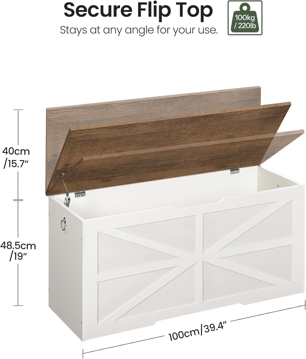 Storage Chest, 39.4" Wooden Storage Trunk, Modern Storage Bench with Safety Hinge, Toy Box, Farmhouse Style, for Bedroom, Living Room, Walnut and White MCW10WL