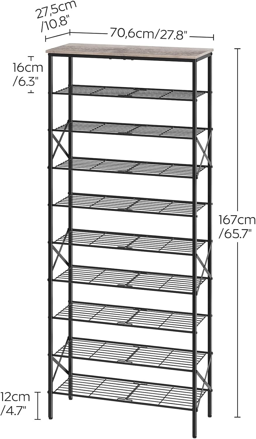 10 Tier Shoe Rack, Large Capacity Shoe Storage Organizer Holds 40 Pairs, Durable and Stable, for Entryway, Hallway, Closet, Dorm Room, Greige and Black SS10BG