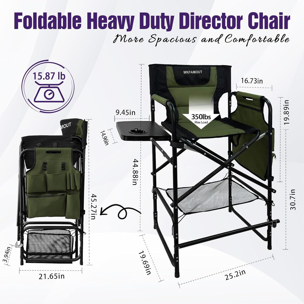 Tall Folding Directors Chair with Side Table 30.71" Seat Height Foldable Camping Chair Bar Stool for Makeup Artist Face Painting with Footrest and Storage Pocket Supports 350LBS