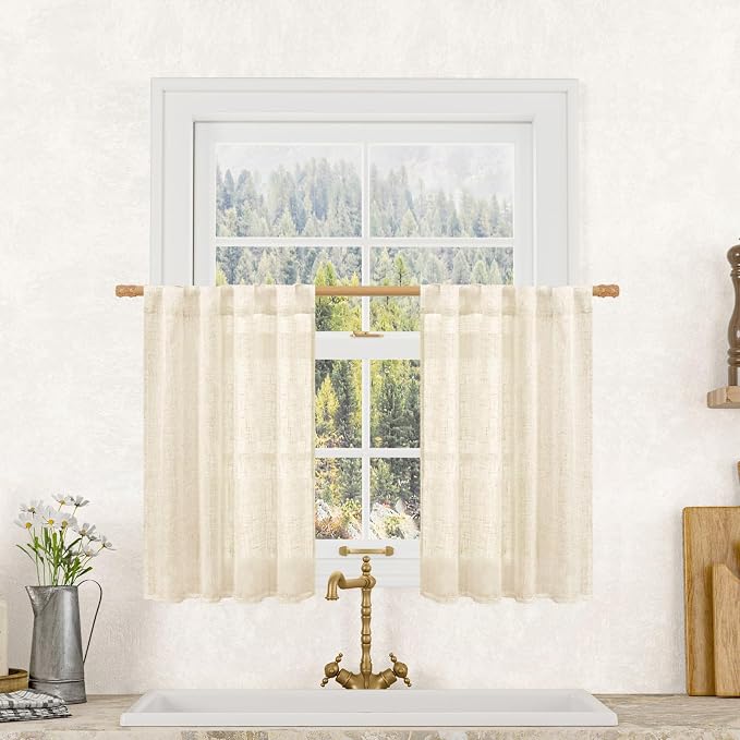 LAMIT Beige Linen Kitchen Curtains 30 Inch Length, Semi Sheer Light Filtering