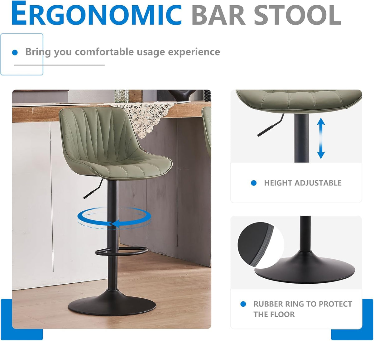 YOUNIKE Bar Stools Set of 2 for Kitchen Island, Olive Green Swivel Tall Bar Stools, Faux Leather Padded Barstools with Back, Modern Counter Height Bar Chairs with 300LBS Support