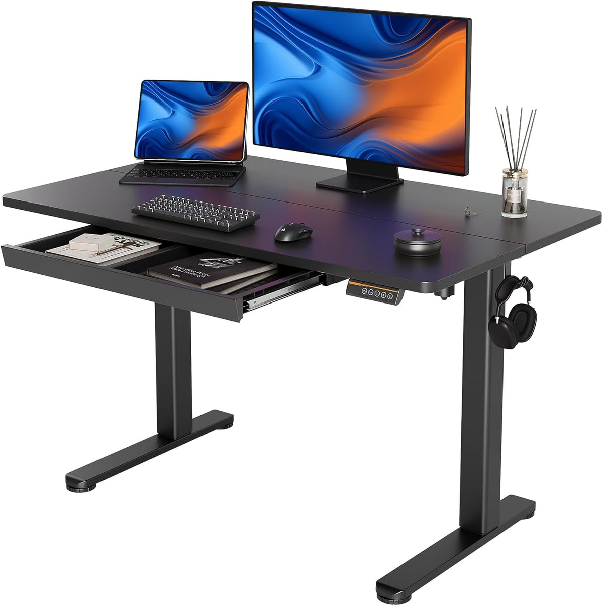 YDN Standing Desk with Drawers, 48 x 24 Inch Adjustable Height Stand Up Desk, Sit Stand Computer Desk for Home Office, Black