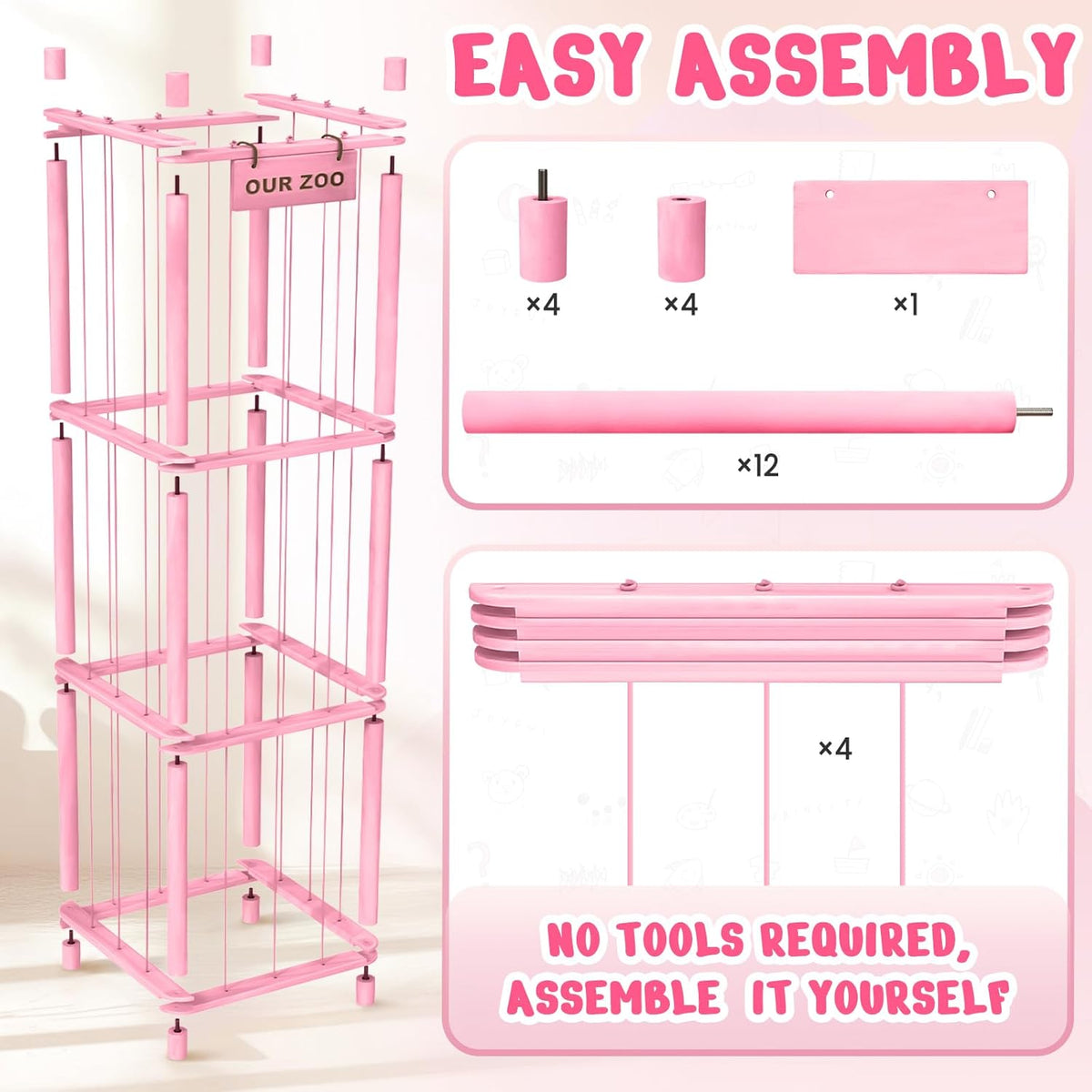 Stuffed Animal Storage & Organizer, Wooden Cute Zoo Toy Holder for Toddler Rooms, Playrooms & Bedrooms（Pink）