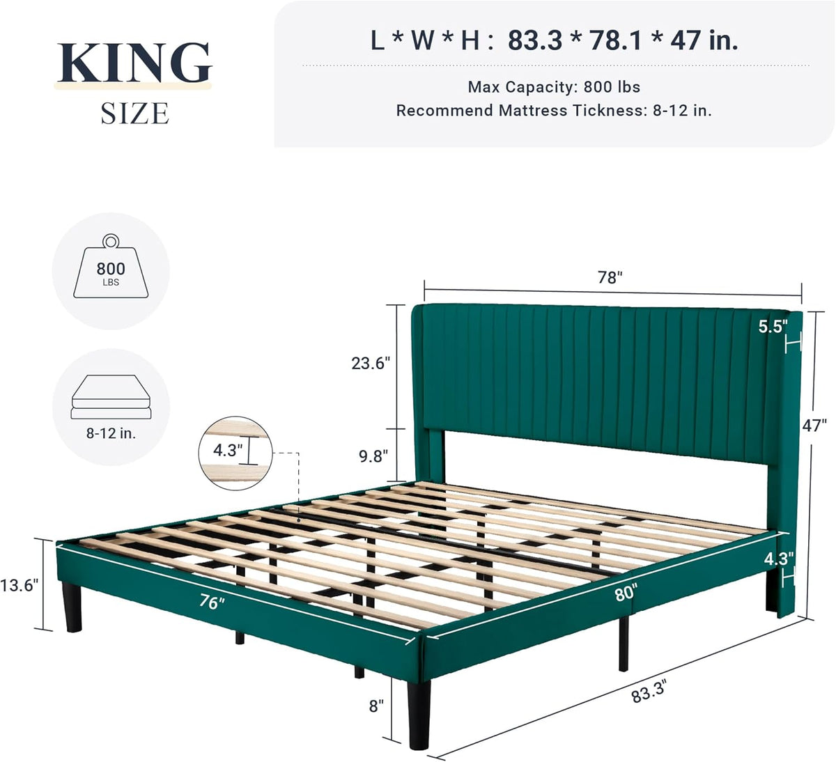 Allewie King Size Bed Frame/Velvet Upholstered Platform Bed/Vertical Channel Tufted Wingback Headboard/Strong Wooden Slats/No Box Spring Needed/Easy Assembly/Teal