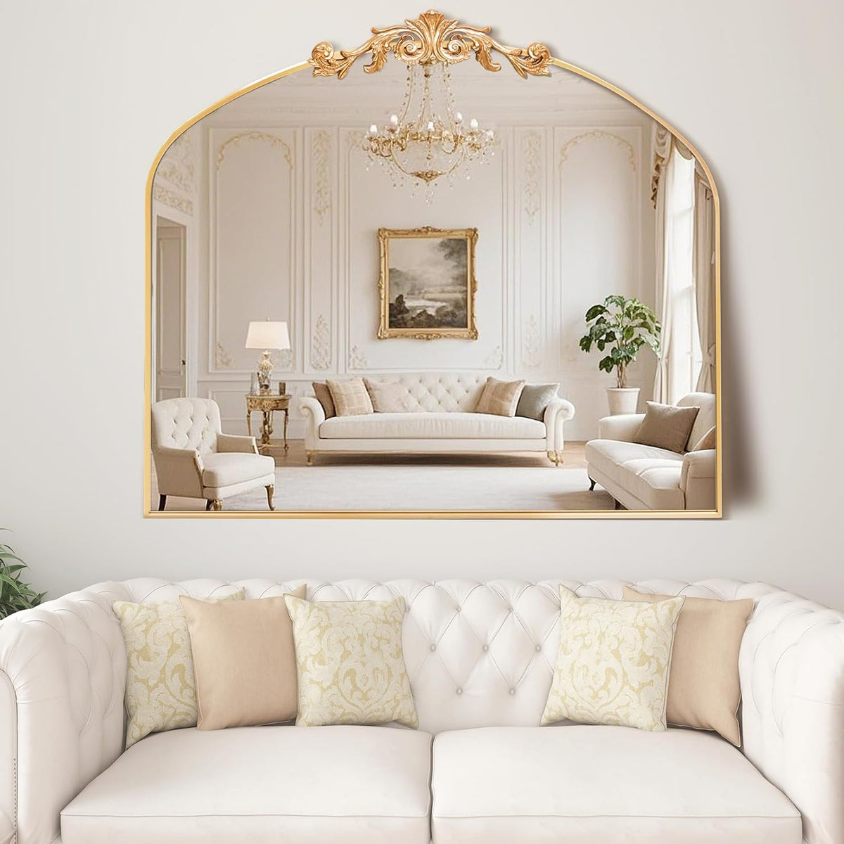 MISSDAY Vintage Gold Baroque Mirror for Wall, 36"X30" Arched Antique Wall Mirror with Elegant Carving Top, Full Metal Frame Wall-Mounted Mirror for Bathroom, Living Room, Fireplace, Entryway, Hallway