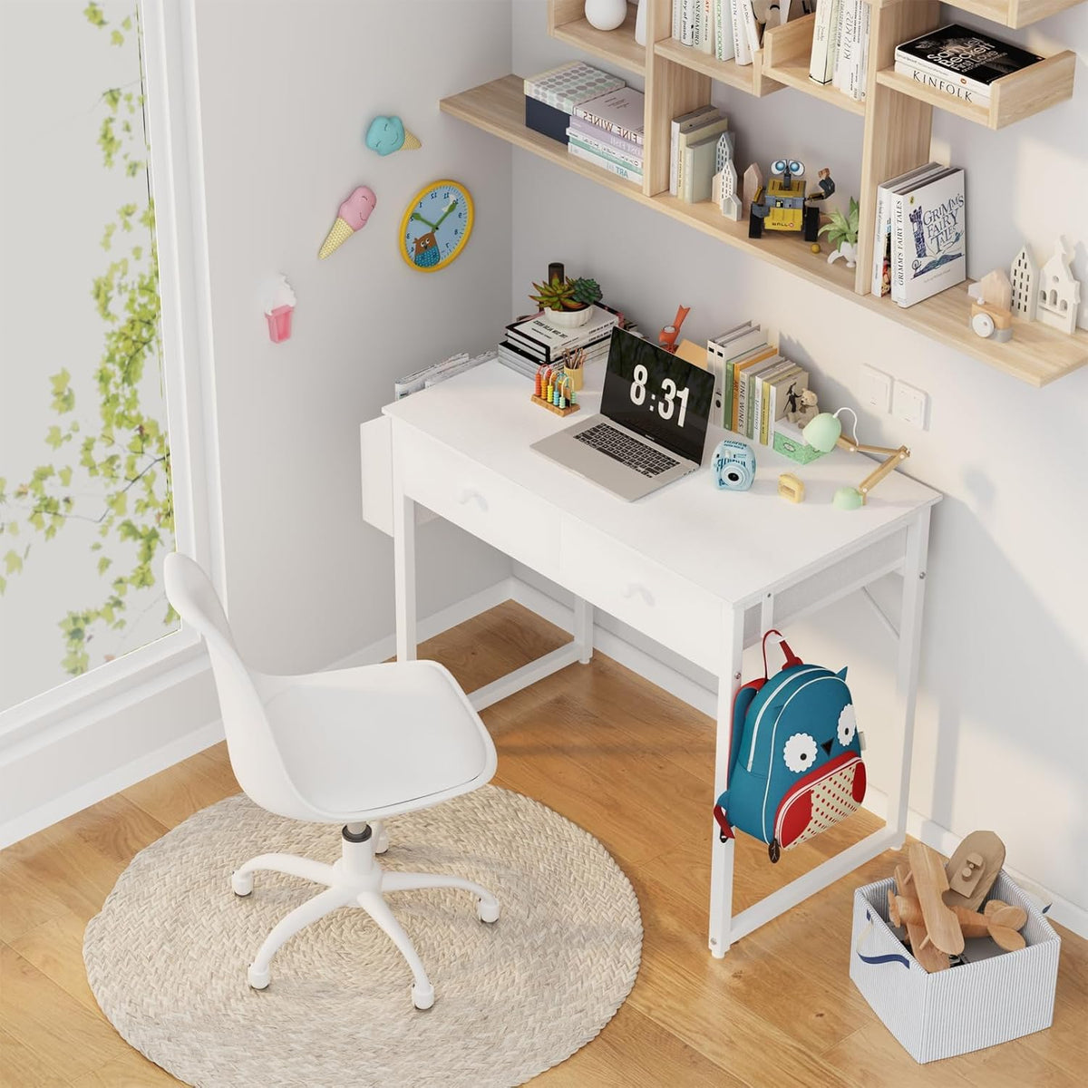 Lufeiya Small White Desk with Drawers - for Bedroom, 32 Inch Home Office Computer Desk with Fabric Storage Drawer and Bag, Study Writing Table for Small Spaces, White