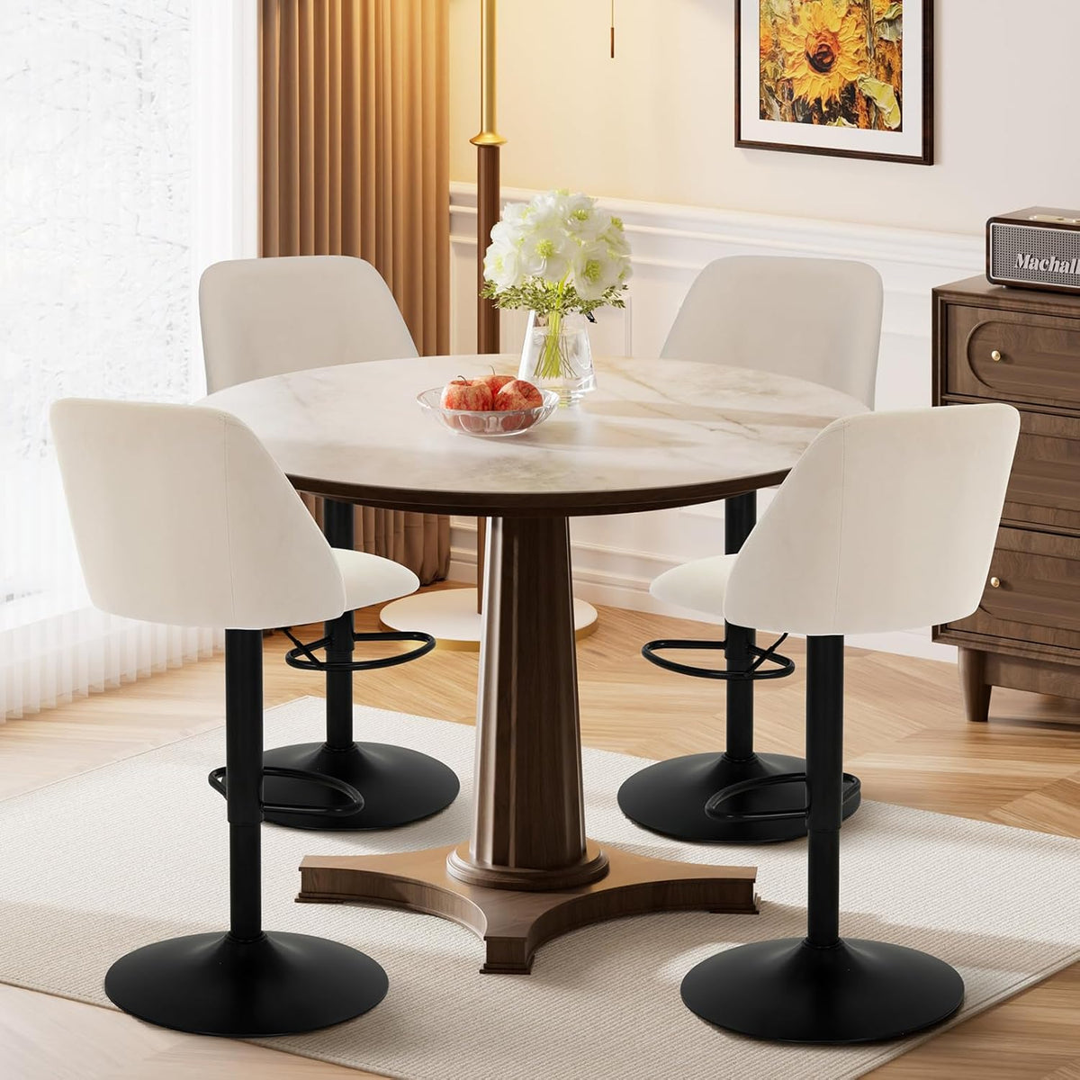 COLAMY Bar Stools Set of 4, Modern Swivel Bar Chairs, Adjustable Upholstered Barstools Counter Height with Full Backrest for Bar, Dining Room, Kitchen Island, Beige