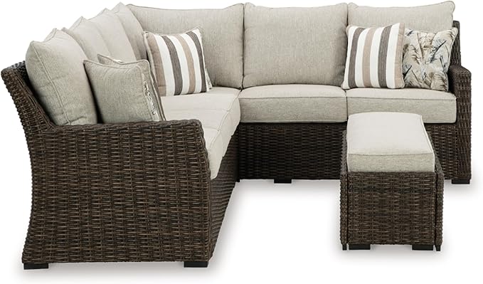 Signature Design by Ashley Brook Ranch Casual Nuvella Weather Resistant Fabric Right Hand Facing Outdoor Sofa Sectional/Bench with Cushion and 6 Throw Pillows, Set of 3, Beige & Dark Brown
