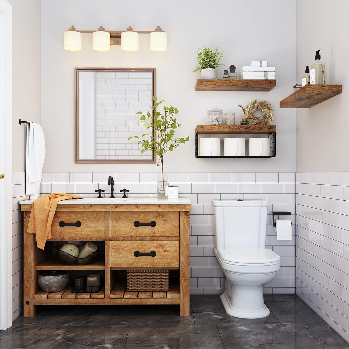 QEEIG Bathroom Shelves Over Toilet - Wall Mounted Floating Shelves Toilet Paper Storage Small Farmhouse Decor Shelf 16 inch Set of 3, Rustic Brown (019-BN3)