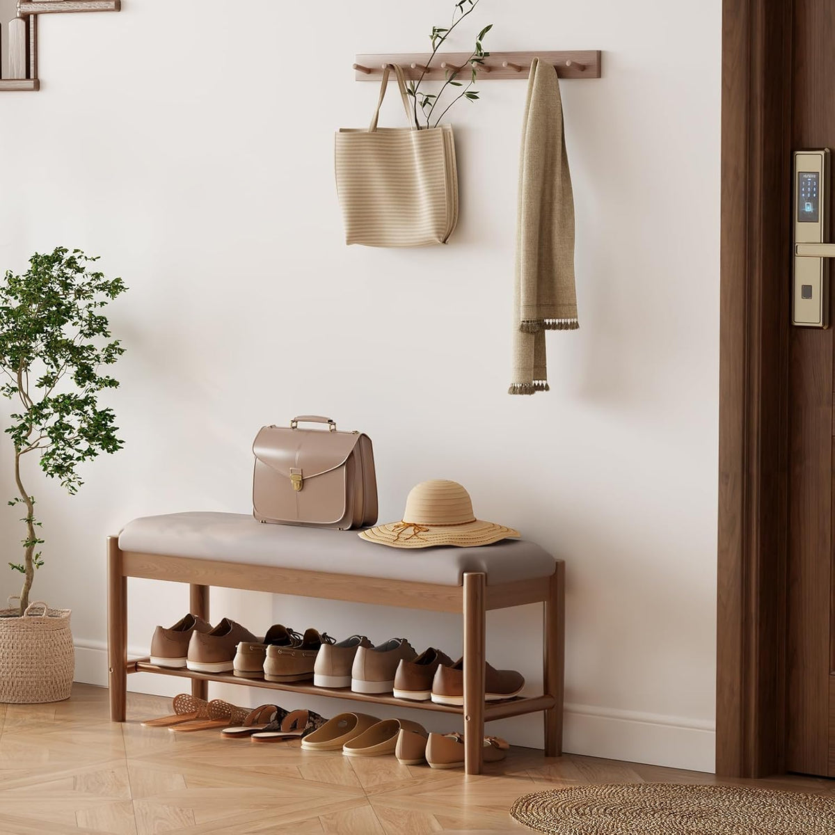 Shoe Bench Entryway with Cushion, Solid Wood Bench with Shoe Storage, 2-Tier Shoe Rack Bench for Entryway,Hallway (Gray)