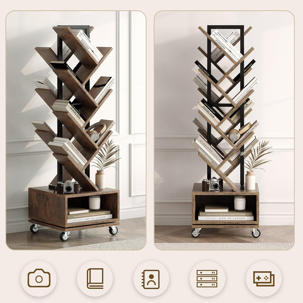 49" Rotating Tree Bookshelf, 7 Tier Double Sided Shelf, Wood Corner Bookshelf with Wheels, 360 Display Spinning Bookcase Storage Rack, Ideal for Small Rooms, Easy Assembly, Rustic Brown