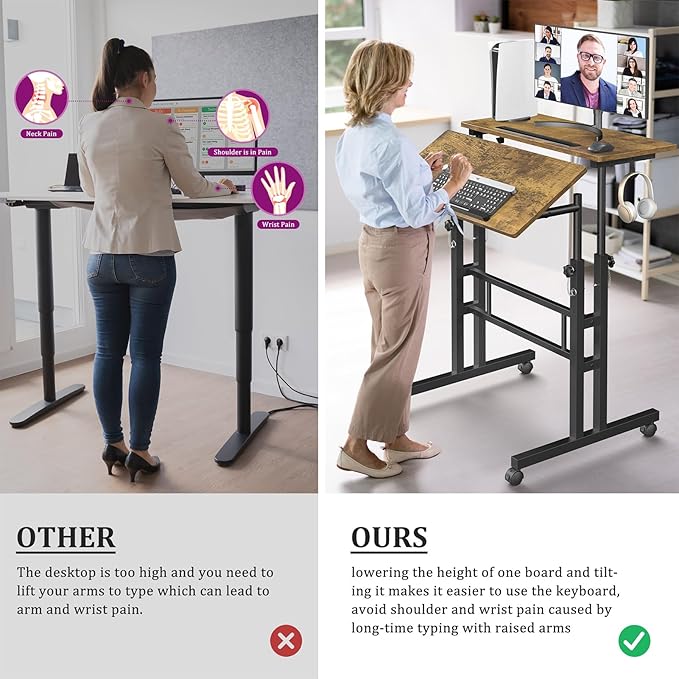 Small Standing Desk with Wheels, Mobile Stand Up Desk, Portable Standing Table on Wheels for Walking Pad, Rolling Computer Desk Adjustable Height, Tall Table