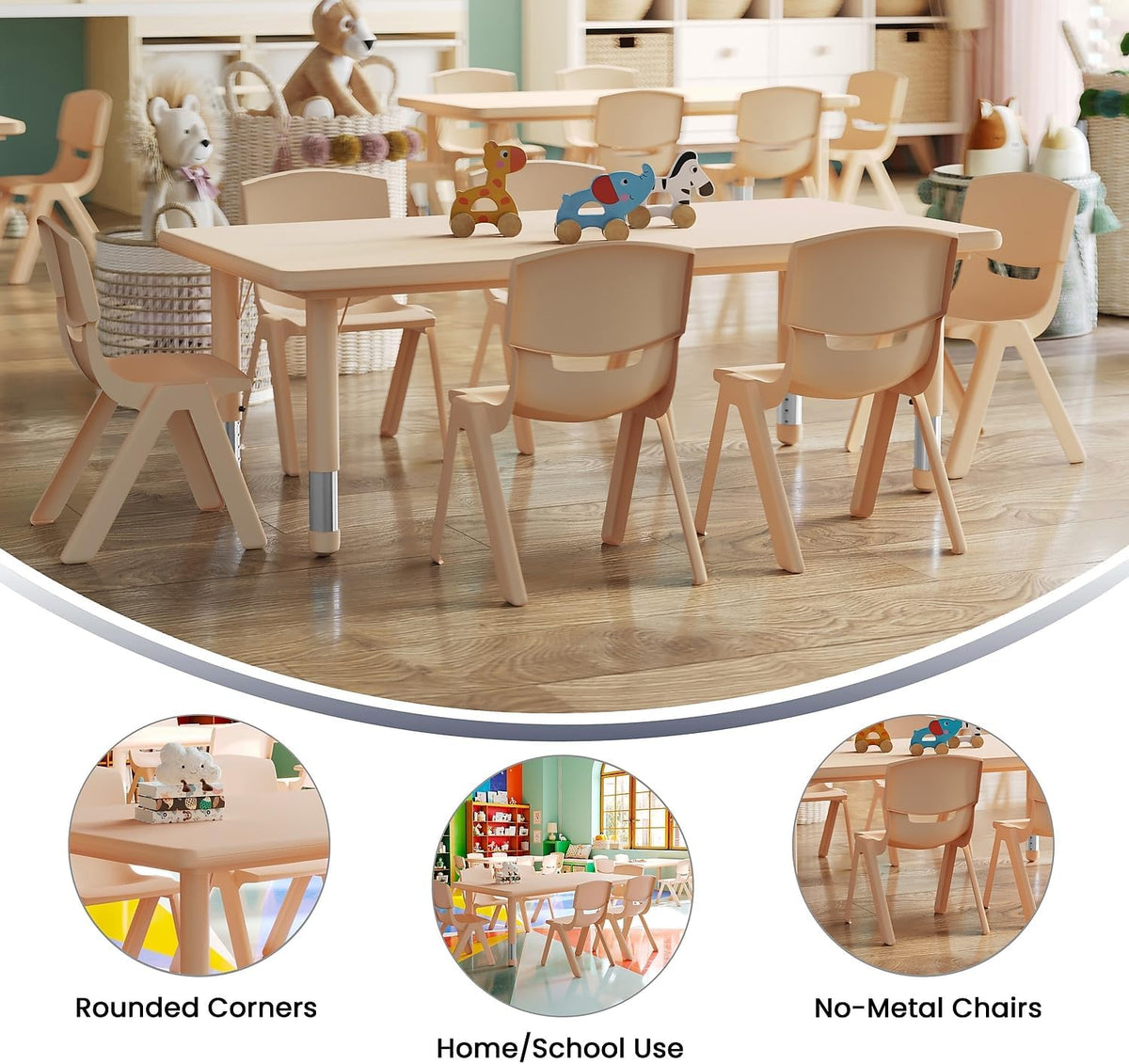 Flash Furniture Adjustable Classroom Activity Table with 6 Stackable Chairs, Rectangular Plastic Activity Table for Kids, 24" W x 48" L, Natural