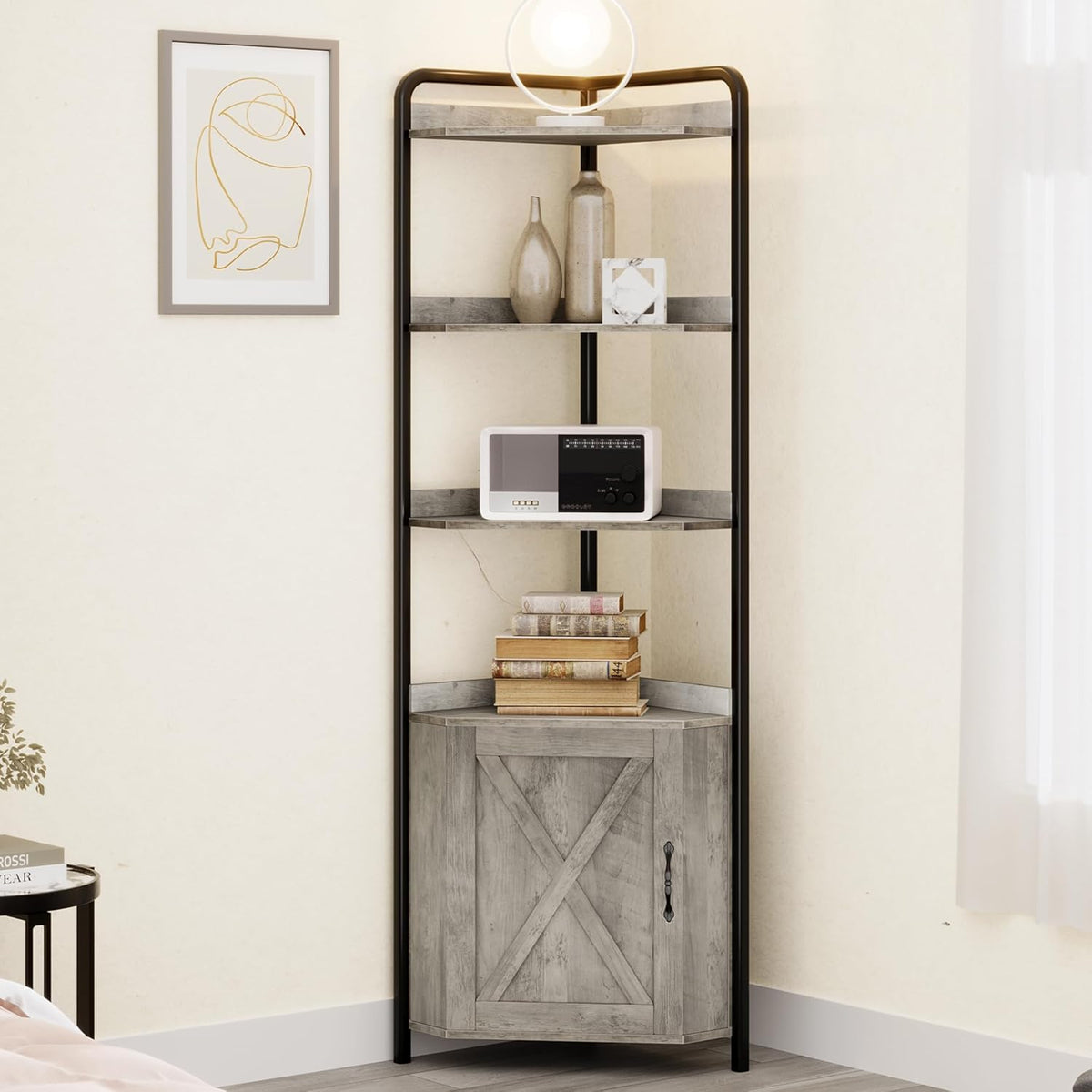 IDEALHOUSE 70.9 Inch Corner Cabinet 5-Tier Tall Corner Cabinet Farmhouse Bookshelves Rustic Storage Rack Industrial Bookcase Plant Stand for Living Room, Bedroom, Home Office, Kitchen