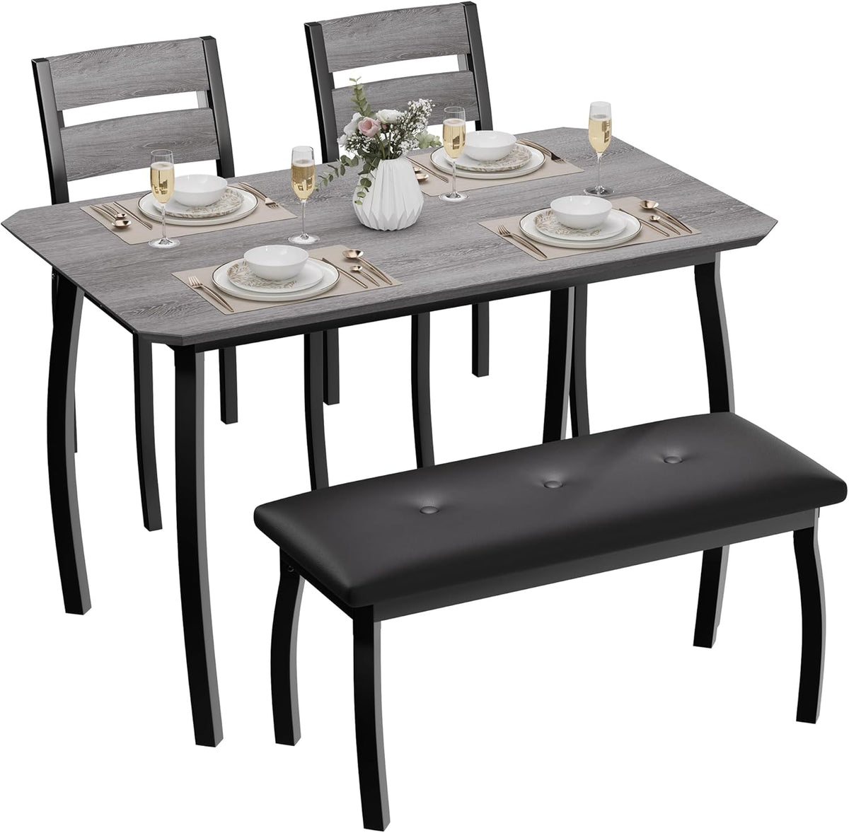 4 Piece Farmhouse Dining Table Set for 4, Space Saving Rustic Kitchen Table with 2 Padded Chairs & Bench, Small Breakfast Nook Furniture Set for Dining Rooms, Apartments, Grey