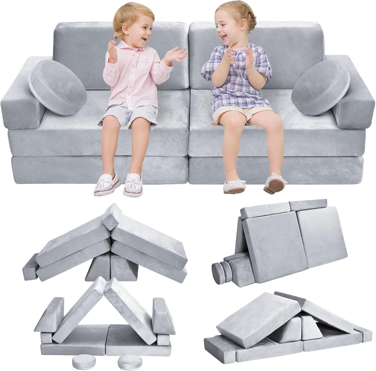 10Pcs Kids Play Couch,Toddler Sofa,Modular Kids Couch for Playing, Creativing, Sleeping (Grey)