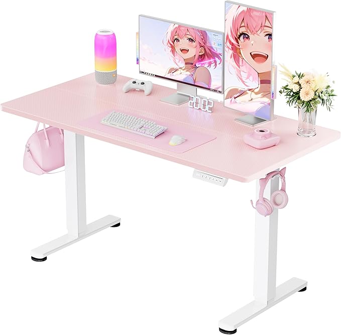ErGear Height Adjustable Electric Standing Desk, 48 x 24 Inches Sit Stand up Desk, Memory Computer Home Office Desk with Pink Carbon Fiber Color Table Top Splice Board (Pink)