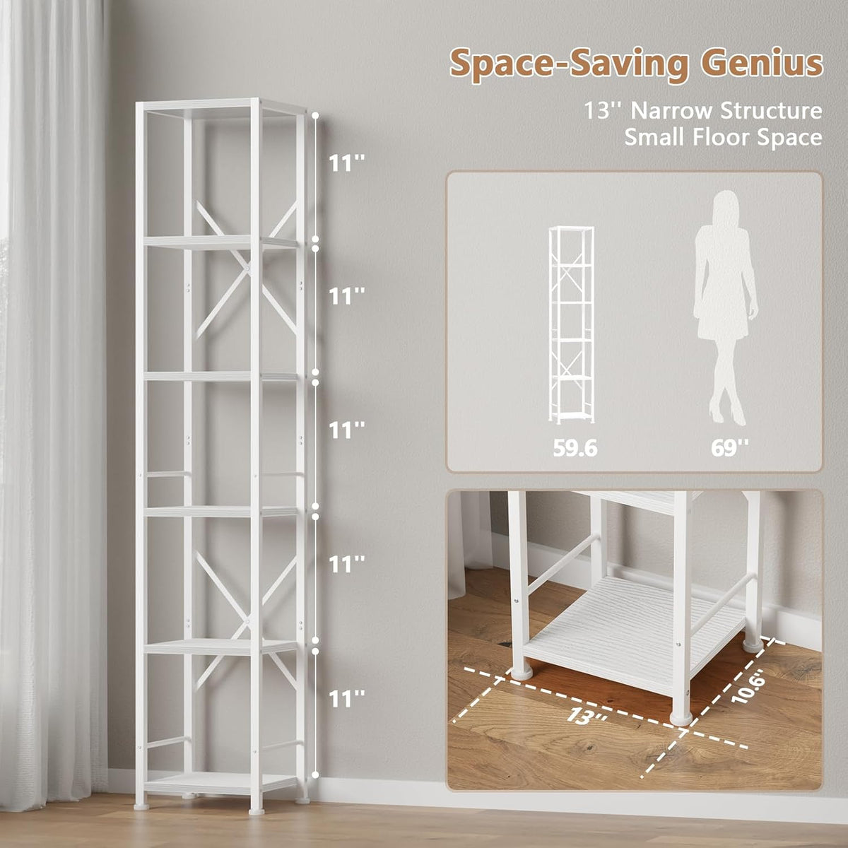 Furologee White Bookshelf 6 Tier Tall Narrow Bookcase, Modern Display Standing Shelf Unit, Metal and Wooden Storage Corner Shelves Organizer for Bedroom, Living Room, Office, Bathroom