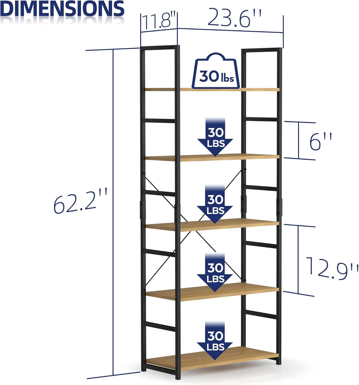 NUMENN 5 Tier Bookshelf, Tall Bookcase Shelf Storage Organizer, Modern Book Shelf for Bedroom, Living Room and Home Office, Natural