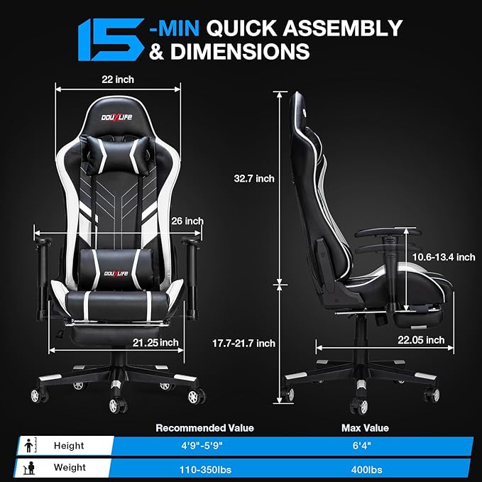 Douxlife 7-Point Massage Gaming Chair, 175° Gaming Recliner with Footrest Ergonomic Computer Office Chair High Back Video Game Chair with Lumbar Support, Upgraded Version Black and White