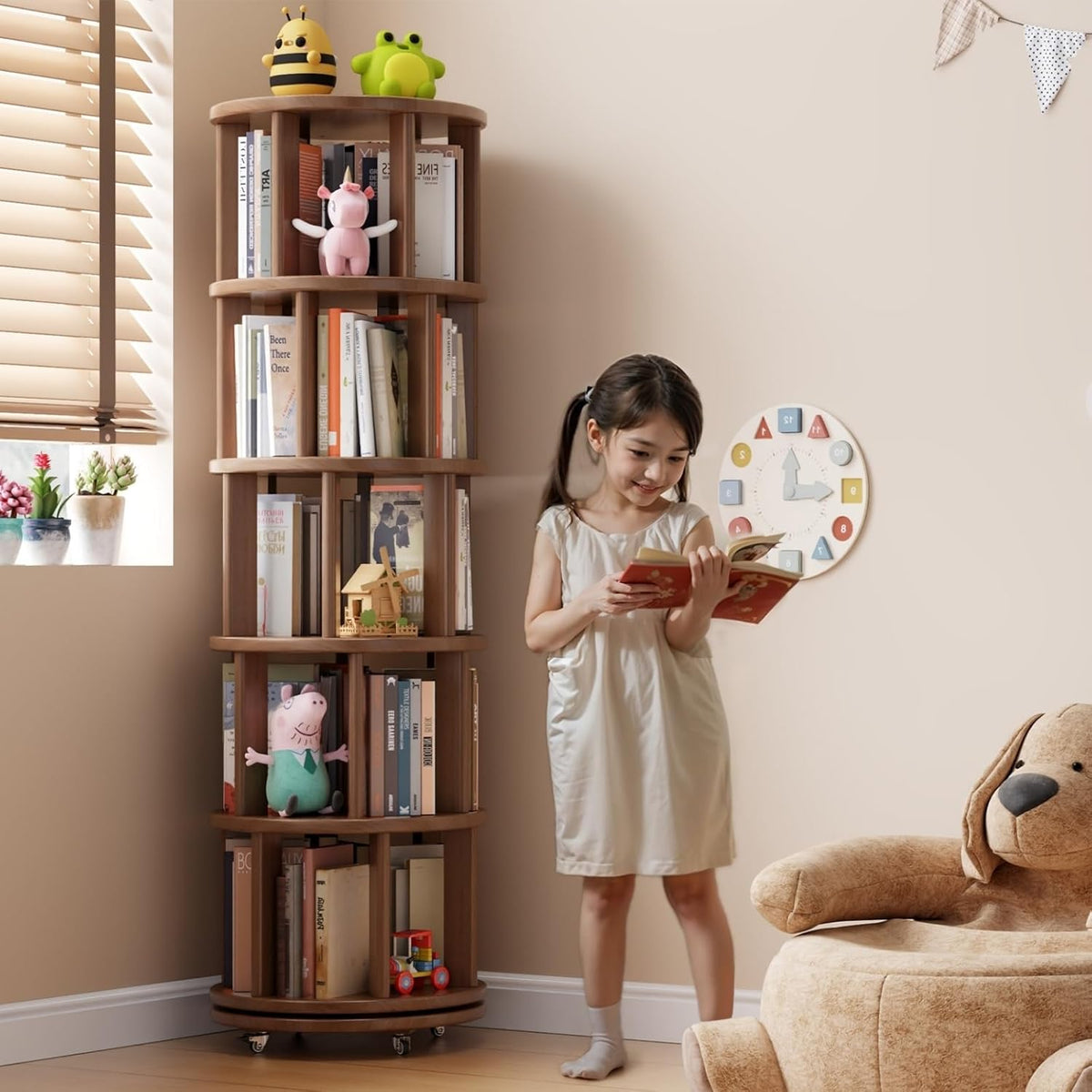 Solid Wood Rotating Bookshelf on Wheels, 5 Tier, Round Revolving Bookcase, 360° Spinning Book Shelf Tower for Kids, Narrow Rolling Bookshelves for Small Space, Corner, Bedroom, Office, Walnut