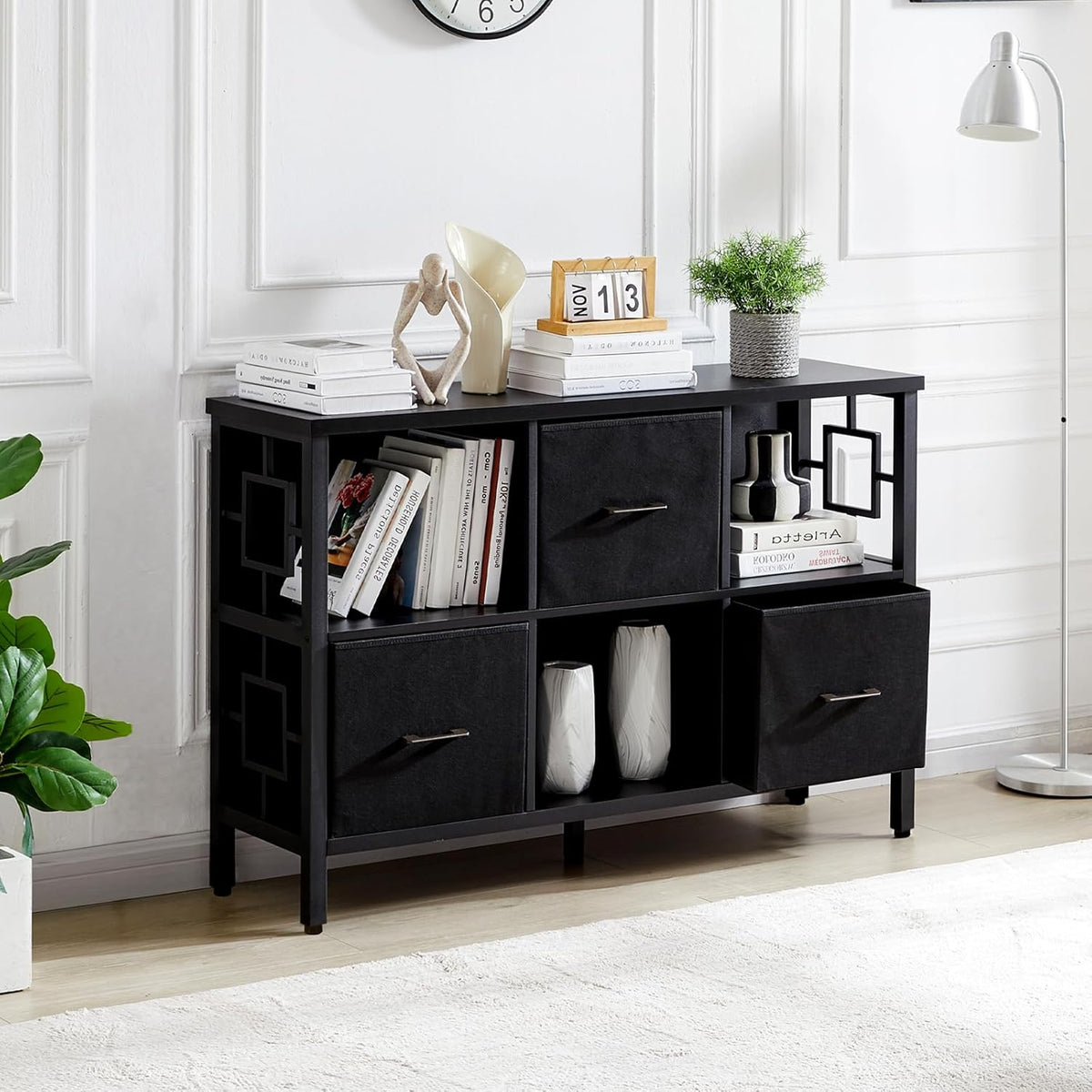 HOMISSUE 6 Cube Storage Organizer Shelf, Rustic Short Bookshelf with 3 Storage Bins, Industrial Horizontal Bookshelf with Metal Frame, Low and Wide Cube Bookcase for Living Room and Office, Black