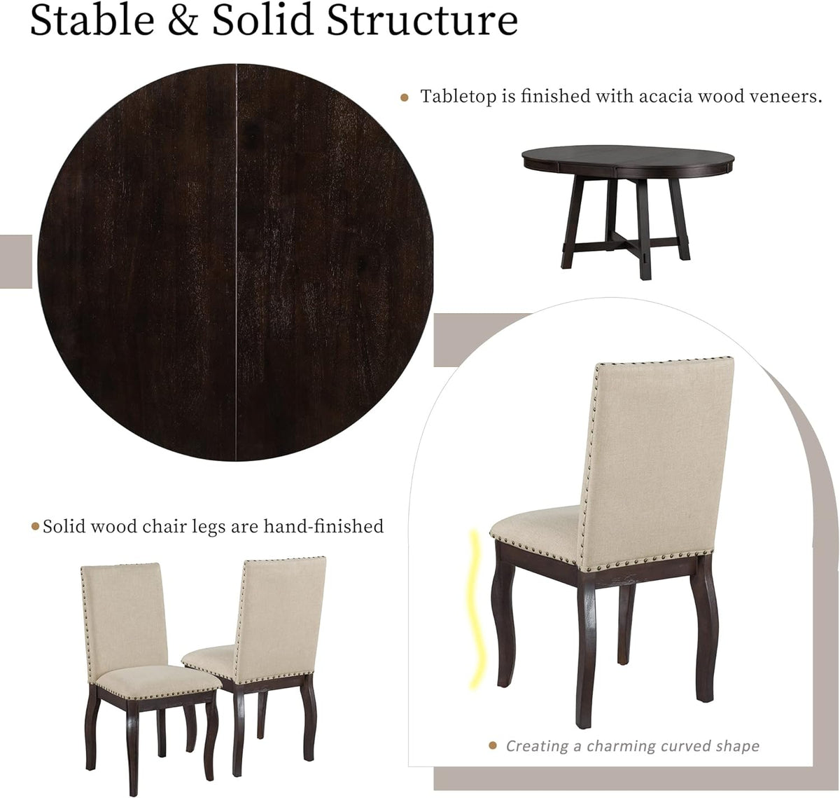 5 Pieces Dining Table Set with 43" Round Extendable Desk,Living Room Furniture W/ 4 Upholstered Curved Legs Chairs,for Restaurant,Home Bistro,Espresso